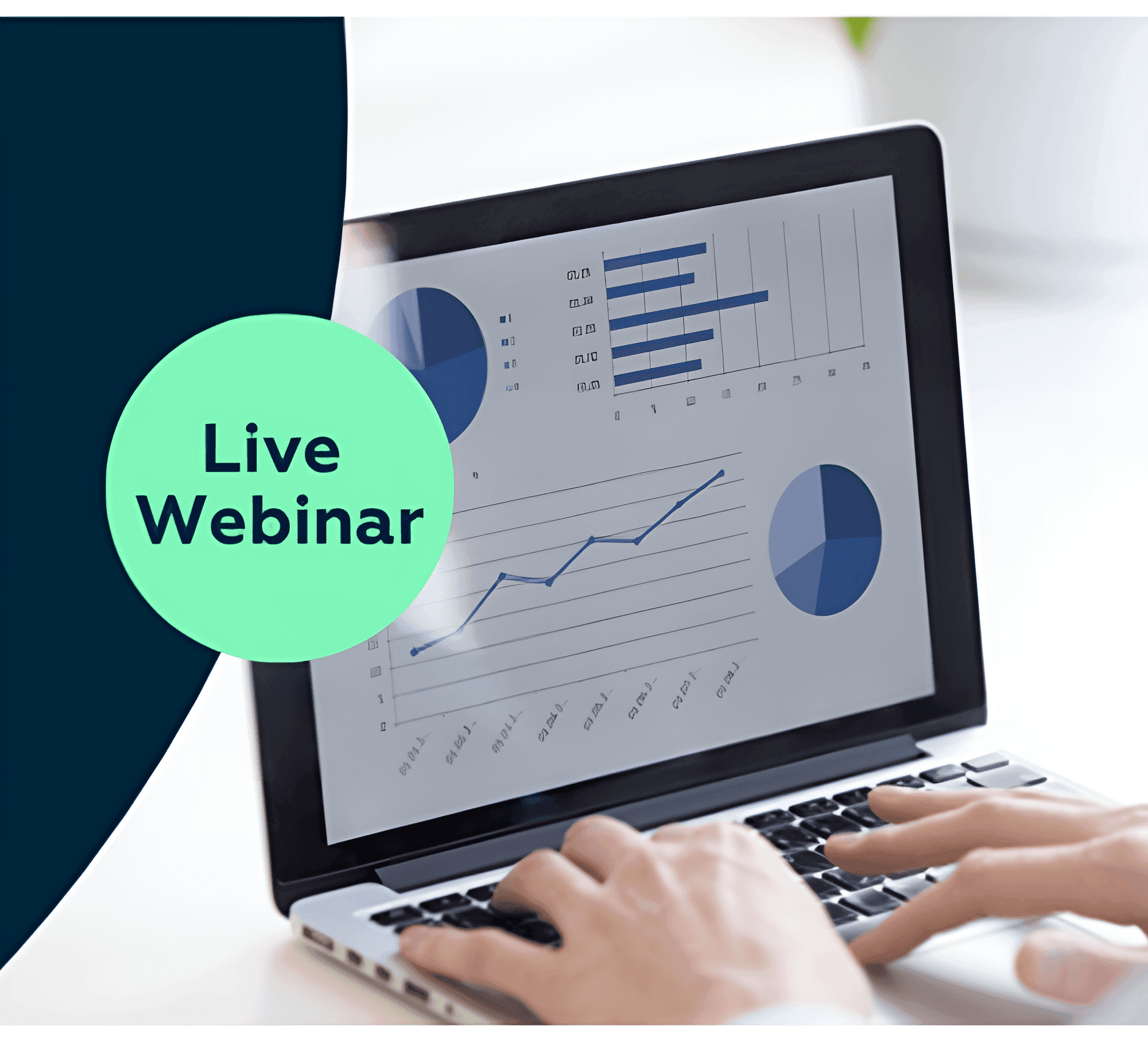 Das Bild zeigt einen aufgeklappten Laptop mit verschiedenen Graphen auf dem Bildschirm. Hände tippen gerade auf der Tastatur, und links mittig befindet sich ein Aufkleber mit der Aufschrift "Live Webinar".