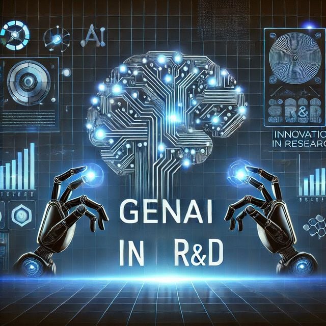 Das Bild zeigt ein leuchtendes, digitales Gehirn, umgeben von zwei Roboterhänden. Im Hintergrund sind technische Grafiken und der Text „GENAI IN R&D“ zu sehen, der auf den Einsatz von KI in Forschung und Entwicklung hinweist.