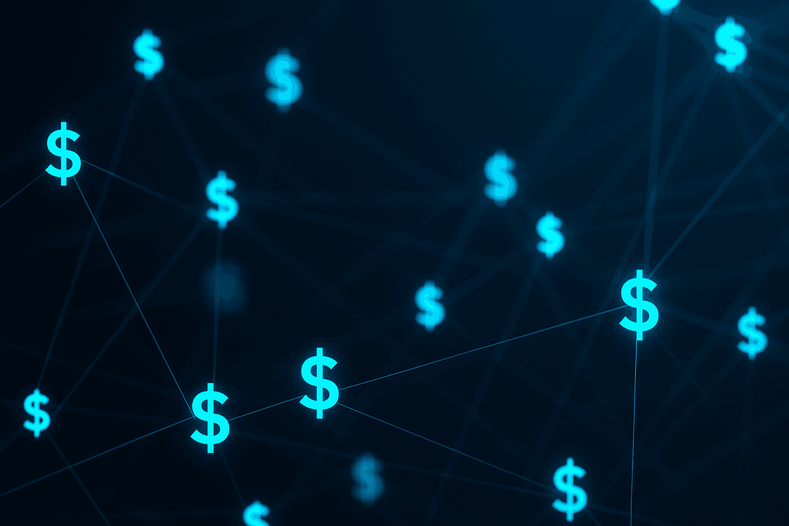 Digital network with glowing dollar signs symbolizing financial connections and data flow.