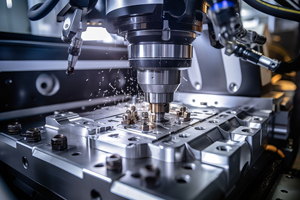 Close-up of CNC milling machine cutting metal with precision, representing industrial goods production and technological excellence relevant to consulting in the manufacturing sector
