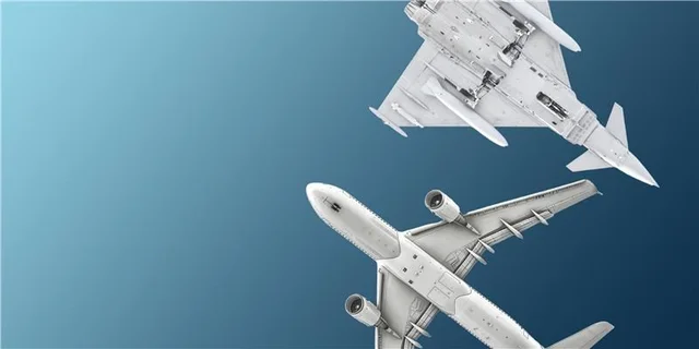 Illustration of a passenger airplane and a fighter jet in flight against a blue gradient background.