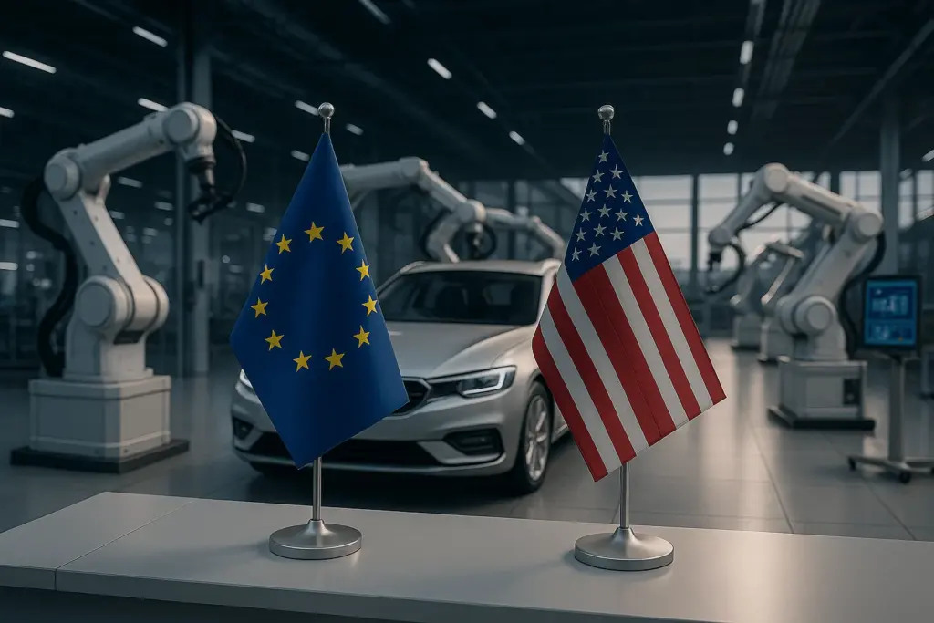 European Union and United States flags on small stands in front of a car production line with robotic arms.