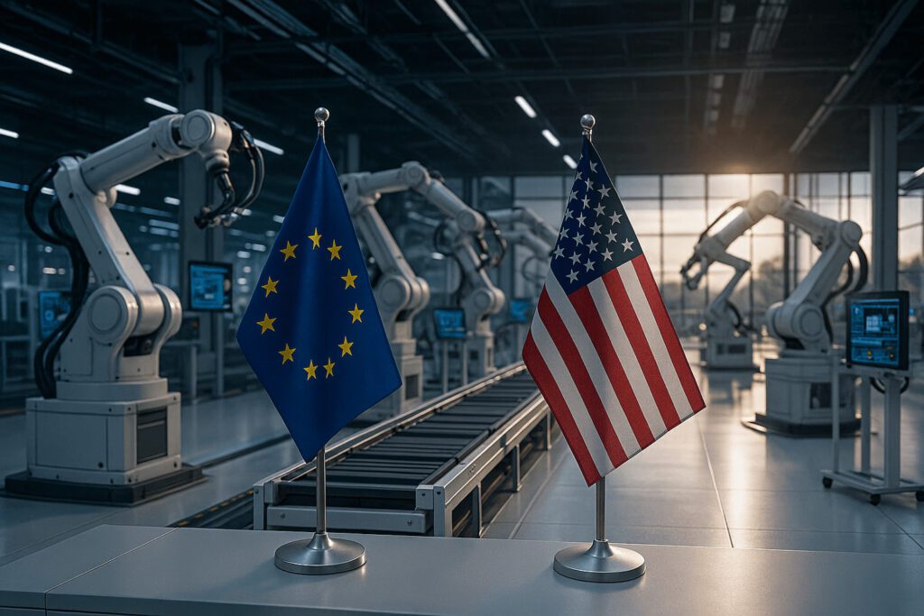 European Union and United States flags inside an advanced robotic manufacturing facility representing industrial goods tariffs and international trade relations