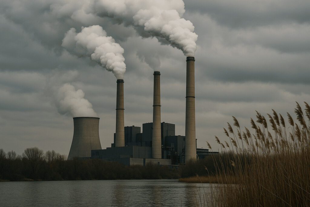 Industrial power plant with cooling towers and smokestacks emitting steam by a river, symbolizing the environmental challenges of decarbonization and the need for sustainable consulting in energy-intensive industries.