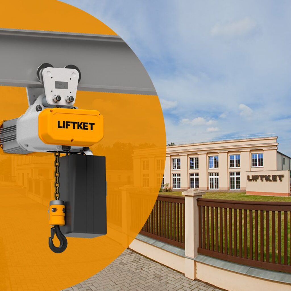 Promotional image of a yellow LIFTKET electric chain hoist suspended on a beam in front of the LIFTKET facility, highlighting industrial equipment solutions used in operations consulting and lifting applications.