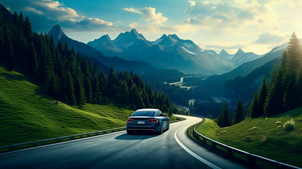 Modern luxury car driving along a winding alpine road with green hills and mountains in the background, symbolizing how leading automotive suppliers boost strategy and performance in consulting projects.