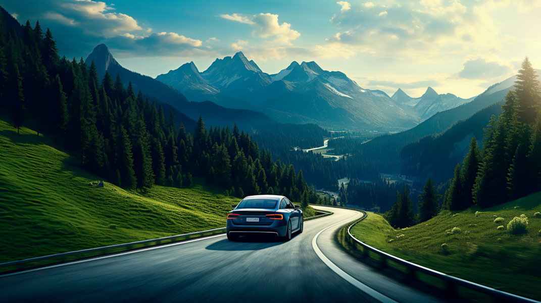 Modern luxury car driving along a winding alpine road with green hills and mountains in the background, symbolizing how leading automotive suppliers boost strategy and performance in consulting projects.