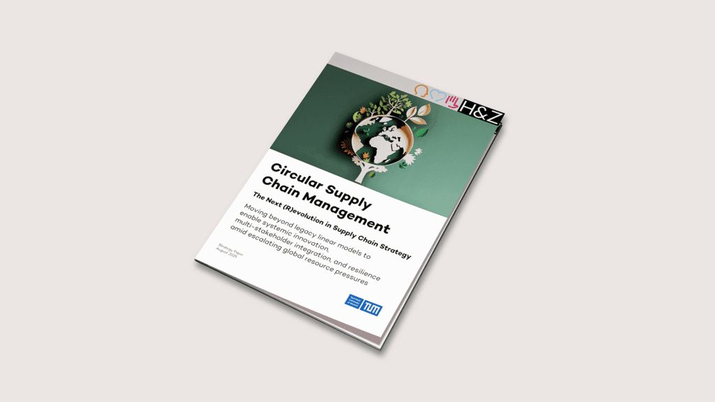 Mockup of a Circular Supply Chain Management booklet featuring a green cover with globe and plant graphic, representing sustainable business consulting guidance.