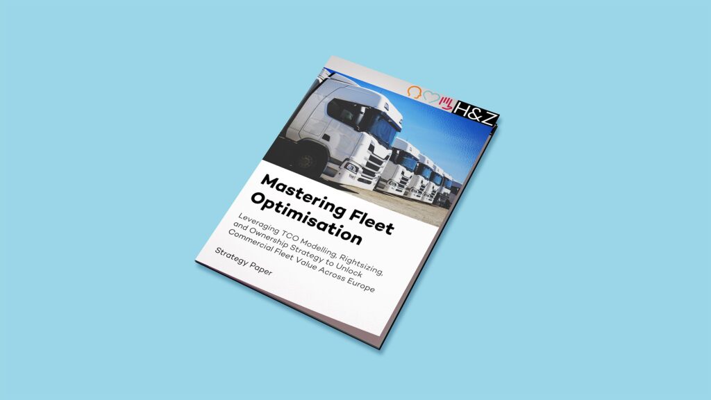 Cover of a consulting white paper titled 'Mastering Fleet Optimisation' featuring images of trucks, symbolizing transportation logistics and optimization expertise.