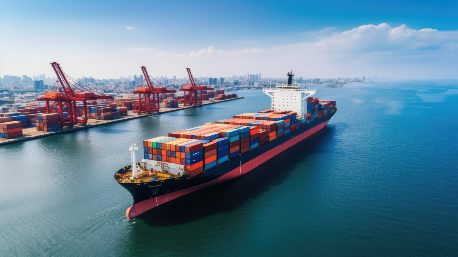 Container ship with stacked colorful containers entering a port with cranes and a city skyline – HZ Group consulting logistics and freight market update.