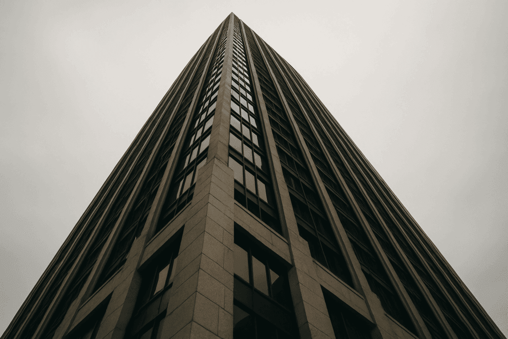 Looking up at a modern high-rise building with a glass facade and symmetrical lines against a cloudy sky – HZ Group consulting corporate architecture