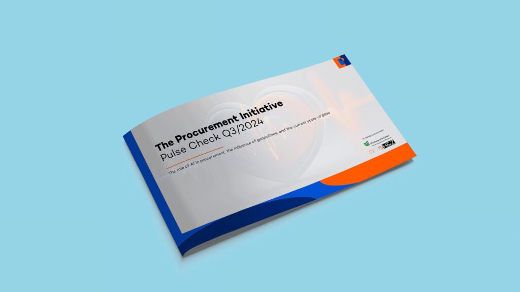 Cover of consulting report 'The Procurement Initiative Pulse Check Q3/2024' on a blue background, featuring stylized charts and company logos, emphasising procurement insights and strategic consulting expertise.