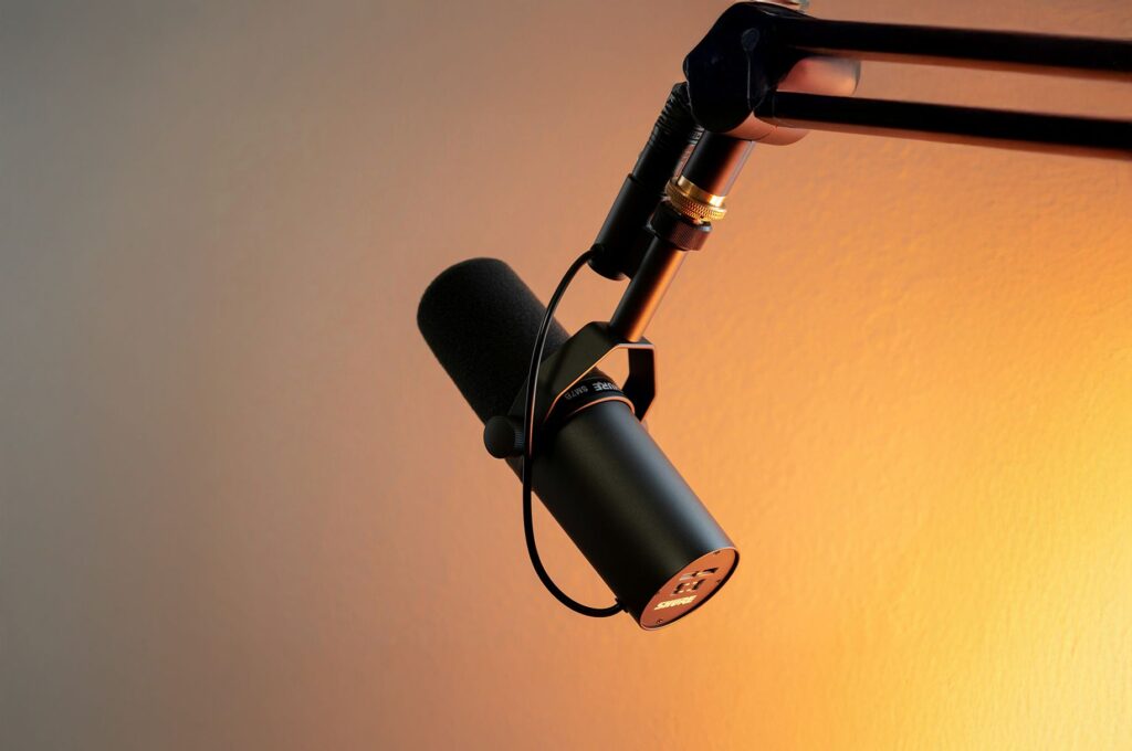 Professional condenser microphone on an adjustable arm used for podcast recordings in a consulting firm