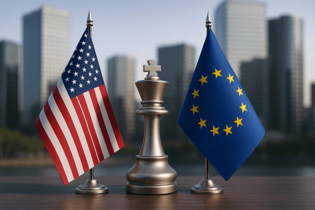 United States and European Union flags flanking a chess king piece against a skyline, symbolising strategic trade negotiations, tariffs and geopolitical dynamics affecting private equity and consulting.
