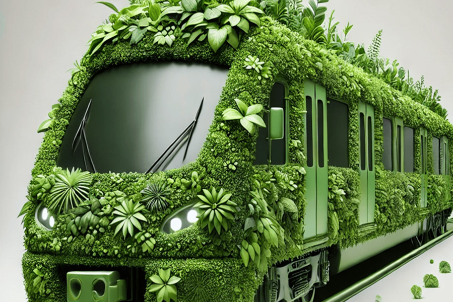 Artistic concept of a modern train entirely covered with lush green plants and leaves, symbolising sustainable transportation, eco-friendly design and green transformation strategies in rail consulting.