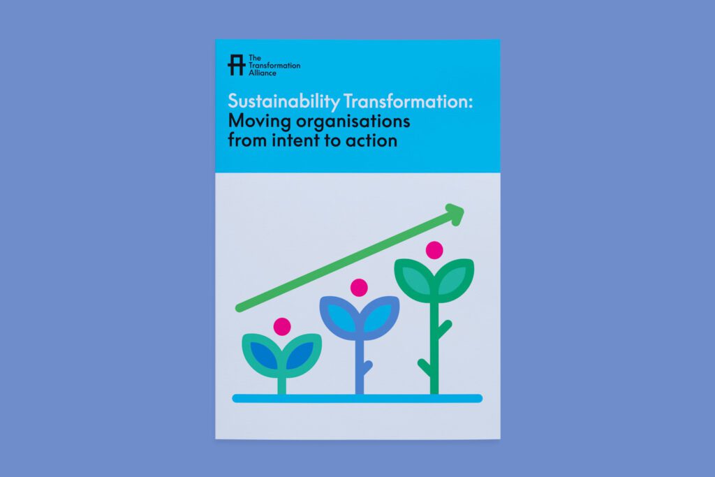 Report cover titled 'Sustainability Transformation: Moving organizations from intent to action', showing stylized upward green arrow and blooming flowers on blue background, conveying growth, sustainability, and consulting-led transformation