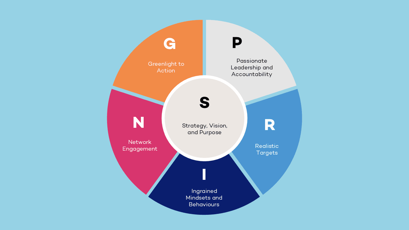 Diagram of SPRING framework in a circular layout on a light blue background, with central circle labeled Strategy, Vision and Purpose, surrounded by five segments: Greenlight to Action, Passionate Leadership and Accountability, Realistic Targets, Ingrained Mindsets and Behaviours, and Network Engagement, summarising pillars of organizational change in consulting.