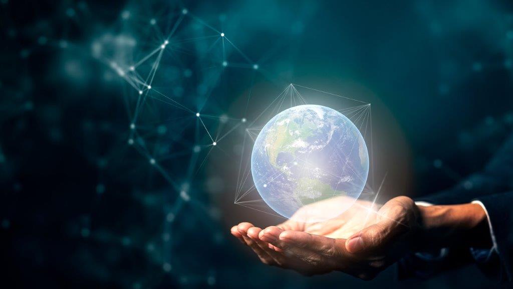 Digital illustration of a glowing globe hovering above open hands with connecting network lines, symbolizing global procurement networks and sustainable consulting initiatives.