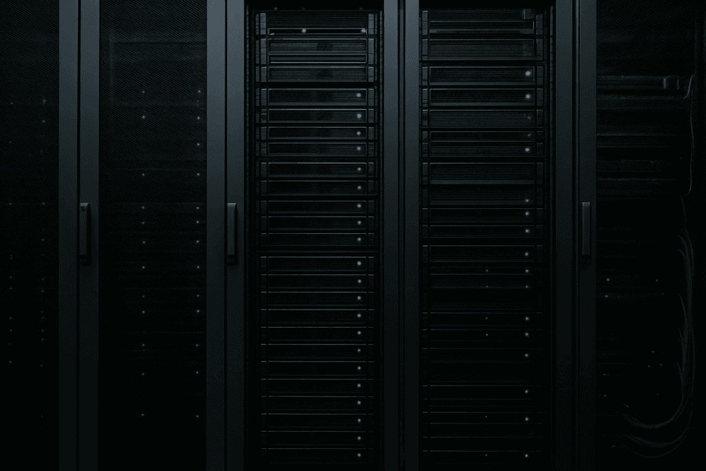 Close-up of dark server racks in a data center representing technological infrastructure and storage silos.