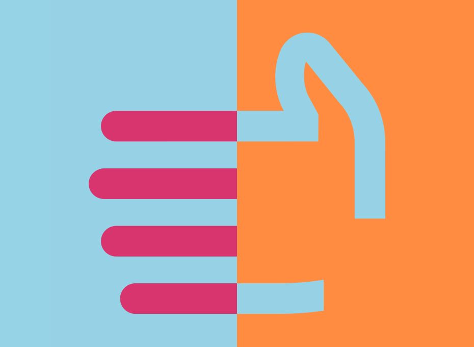Abstract illustration of a hand extended for a handshake, split into two halves with blue and orange backgrounds and pink stripes representing fingers, symbolising partnership and collaboration in consulting.