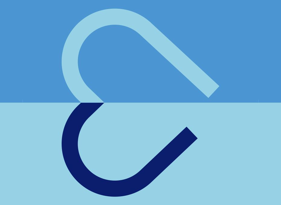 Abstract two-tone blue graphic with curved lines forming a stylised heart shape split across horizontal sections, symbolising empathy and analytical thinking in consulting.