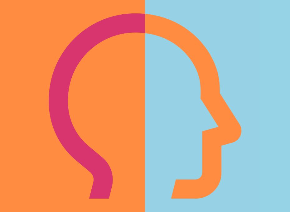 Abstract graphic of a split head silhouette, with a pink outline on an orange background facing a blue segment with orange outline, symbolizing dual perspectives and collaboration in consulting.