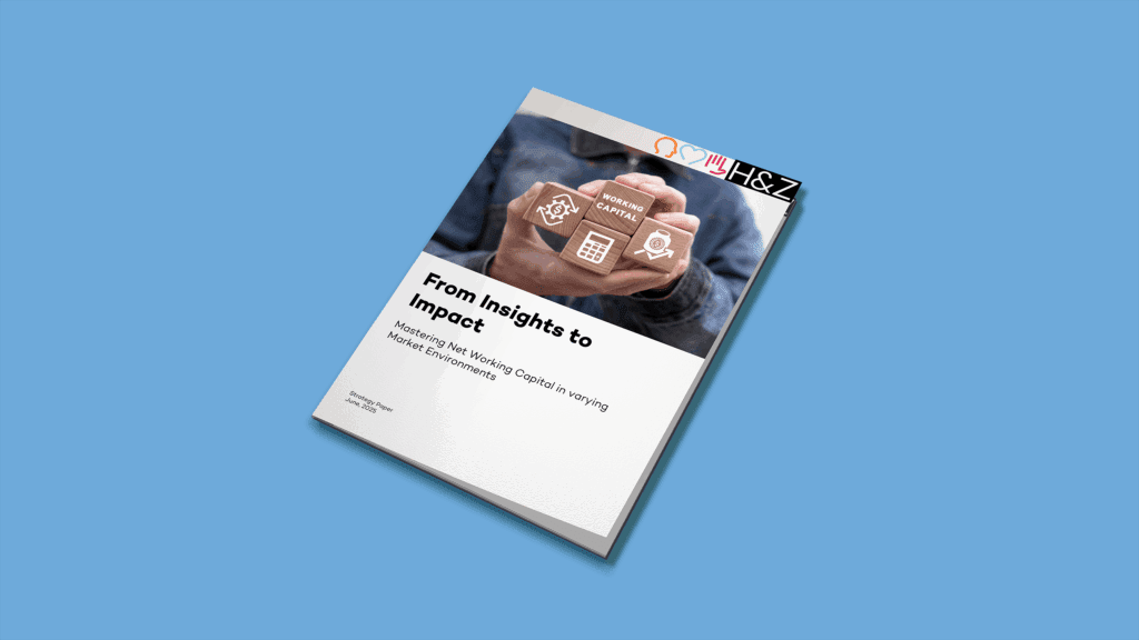 Mock-up of a strategy paper titled 'From Insights to Impact' featuring a businessperson holding a transparent tablet with analytics icons over a blue background, highlighting how to convert data insights into measurable impact for consulting clients.