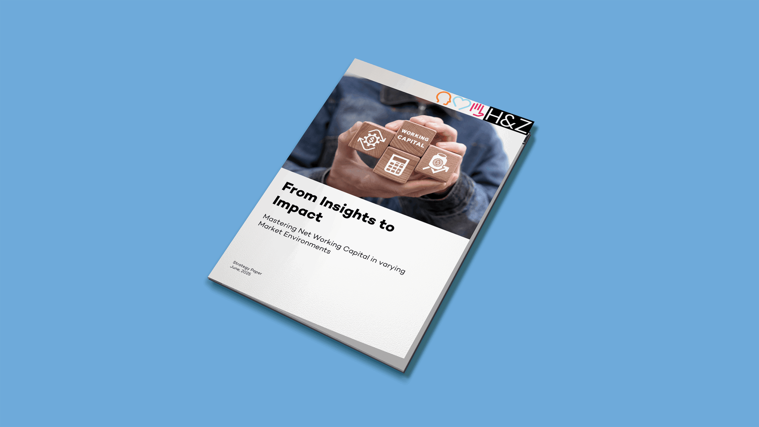 Mock-up of a strategy paper titled 'From Insights to Impact' featuring a businessperson holding a transparent tablet with analytics icons over a blue background, highlighting how to convert data insights into measurable impact for consulting clients.