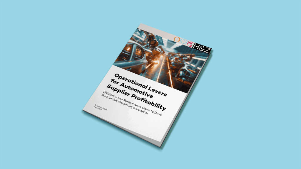 Mock-up of a strategy paper titled 'Operational Levers for Automotive Supplier Profitability', featuring an automotive assembly line photo and light blue background, promoting efficiency and revenue improvement strategies for suppliers.
