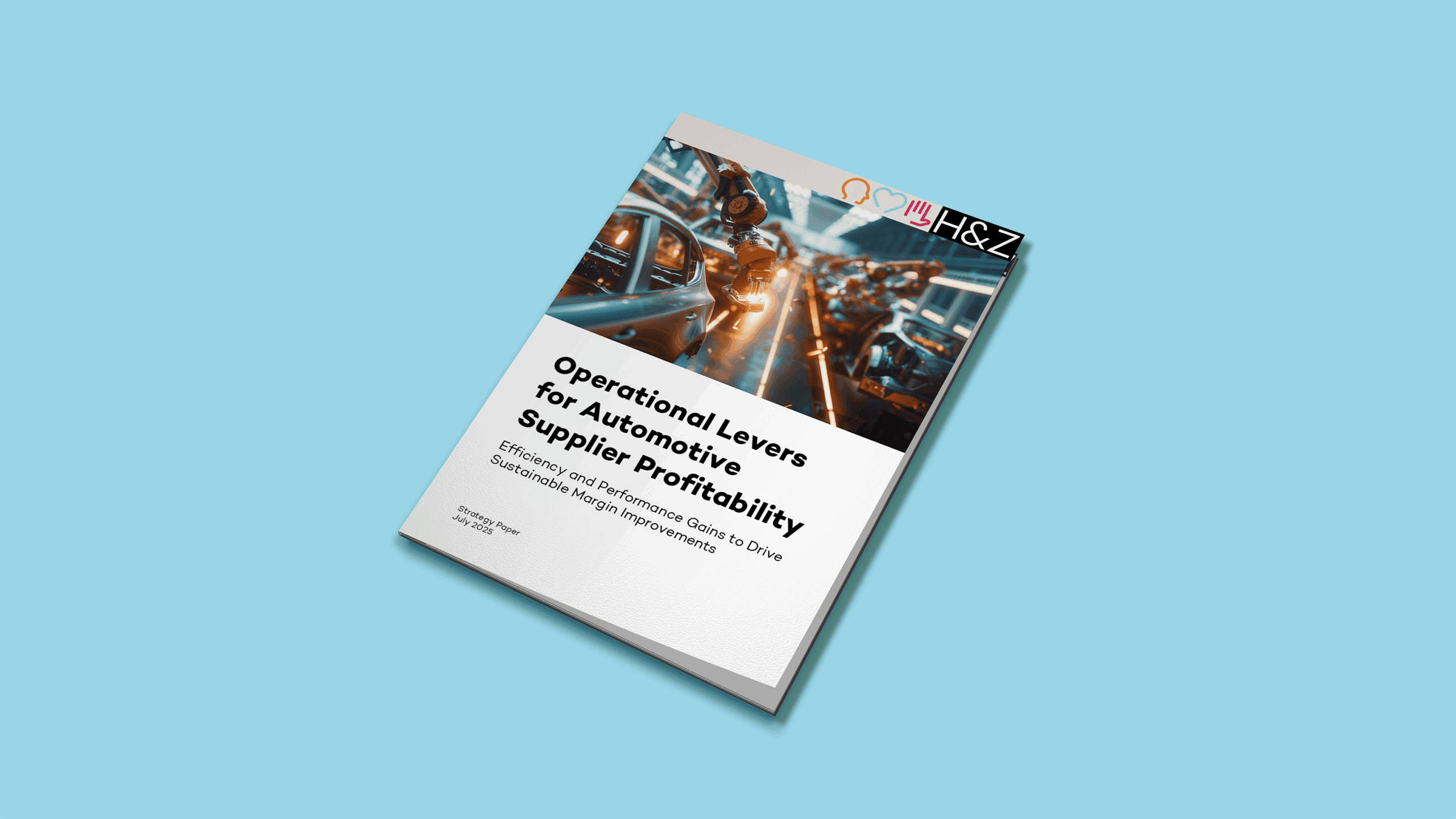 Mock-up of a strategy paper titled 'Operational Levers for Automotive Supplier Profitability', featuring an automotive assembly line photo and light blue background, promoting efficiency and revenue improvement strategies for suppliers.
