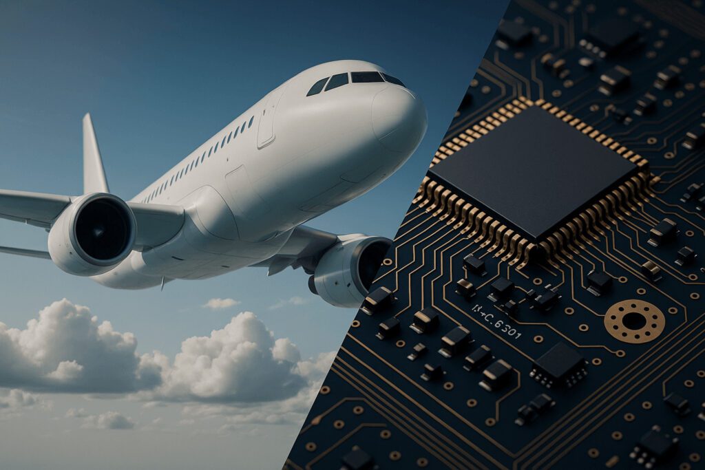 Composite image combining a large commercial airplane flying among clouds and a close-up of a microchip, illustrating the connection between aerospace technology and advanced electronics in consulting success stories.