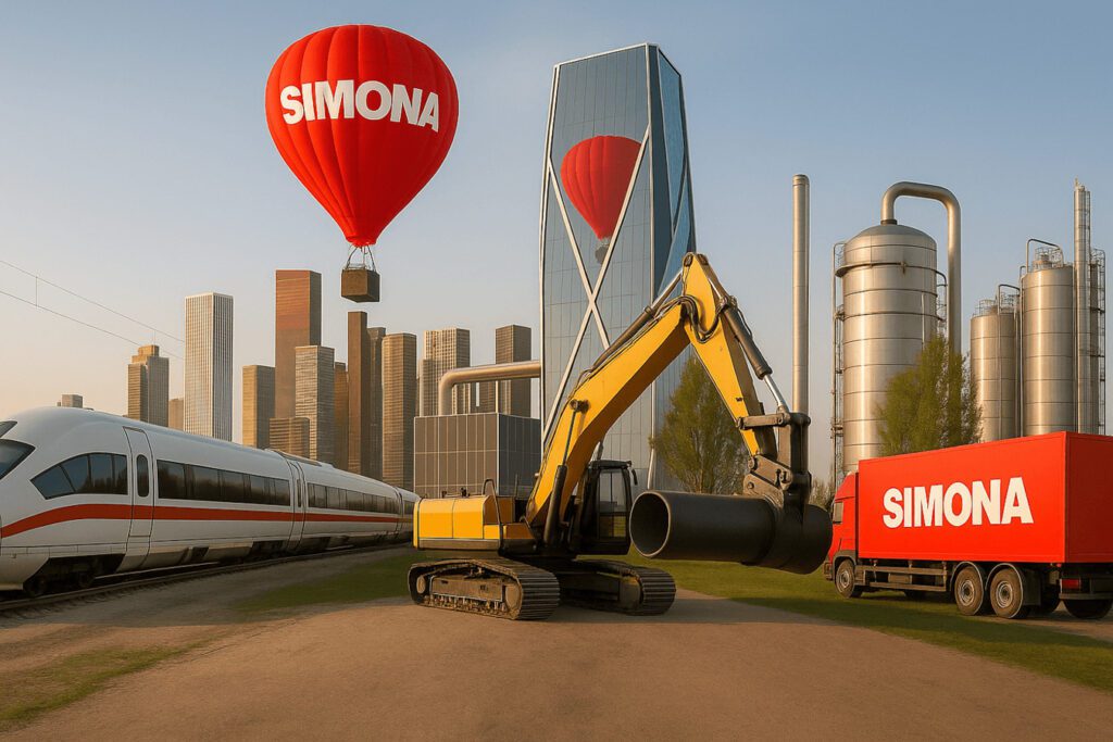 Composite illustration for a SIMONA AG success story featuring a high-speed train, excavator carrying a large red SIMONA pipeline, hot air balloon branded SIMONA, and modern industrial silos against a city skyline, symbolising innovation and growth across transportation and infrastructure industries.