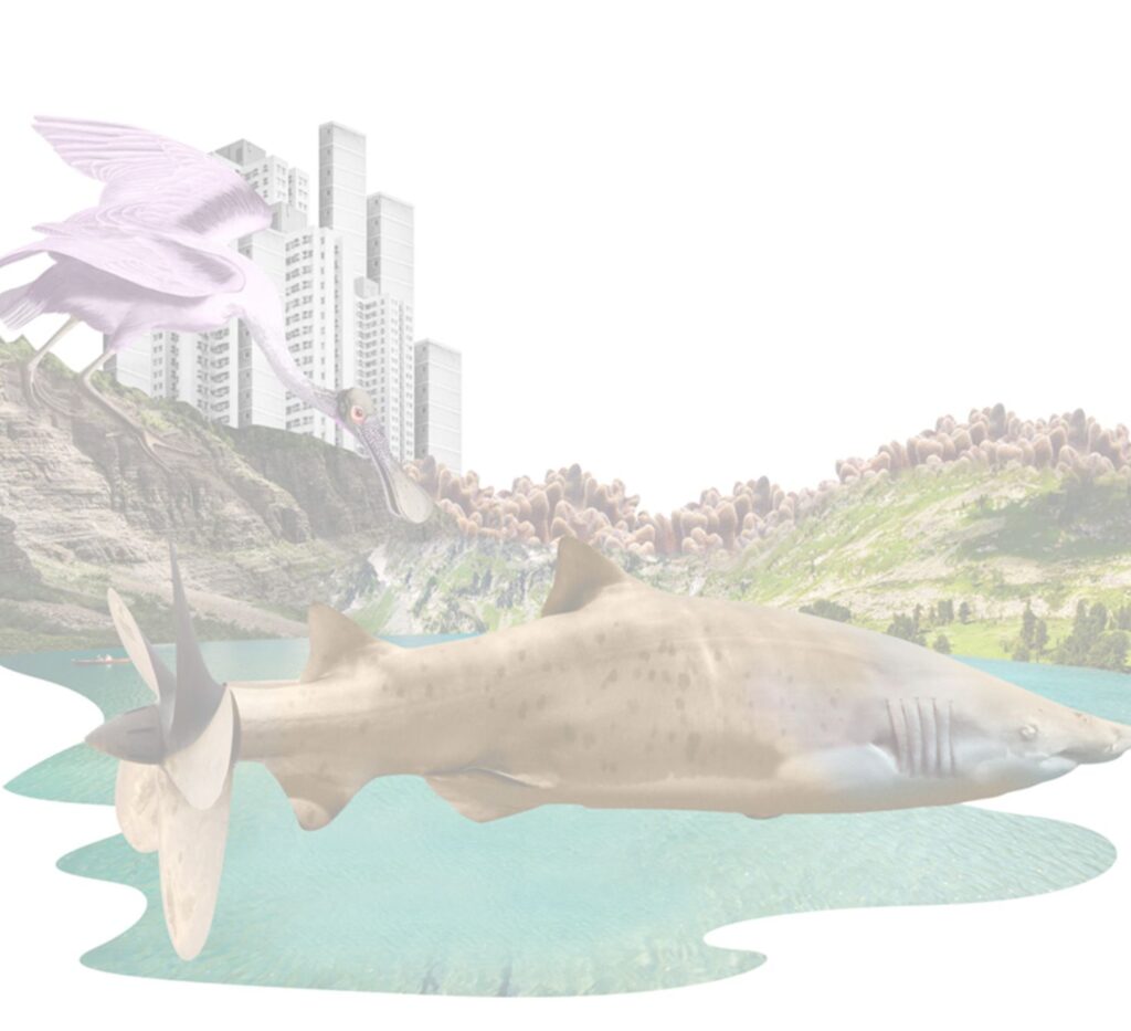 Conceptual illustration combining a large fish, pink heron, rugged coastal cliffs and high-rise city buildings, symbolising the intersection of nature, sustainable technology and urban development in consulting strategies.