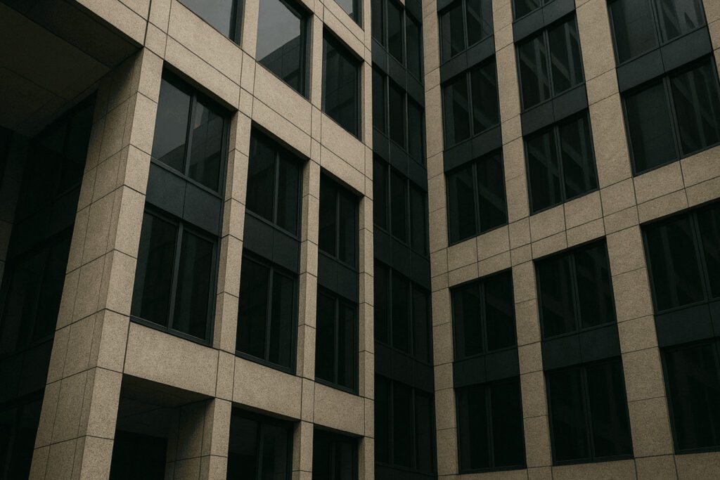 Architectural photo of a modern office building with beige stone facade and dark windows, representing corporate consulting headquarters and professional environment.