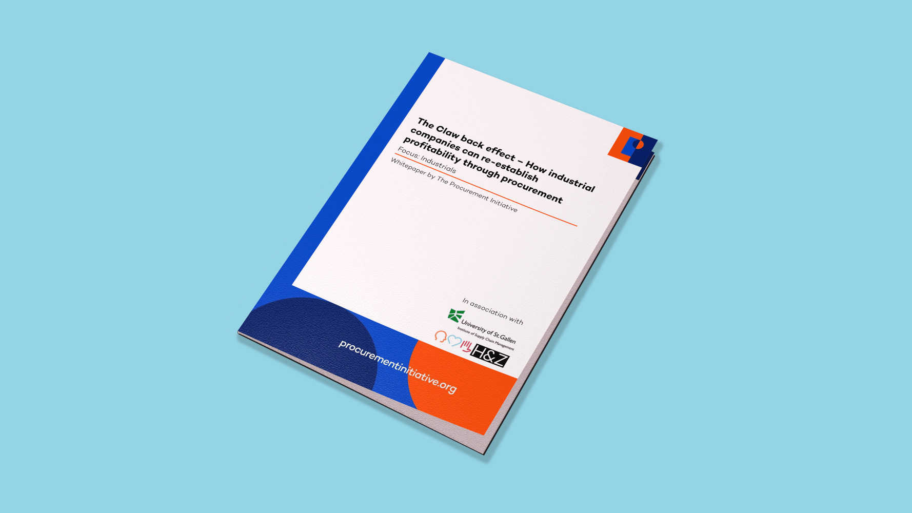 Mockup of a whitepaper titled 'The Claw Back Effect: How Industrial Companies Regain Potential Savings through Procurement Initiatives and Procurement Networks' displayed on a light blue background, representing consulting research and cost-saving strategies.