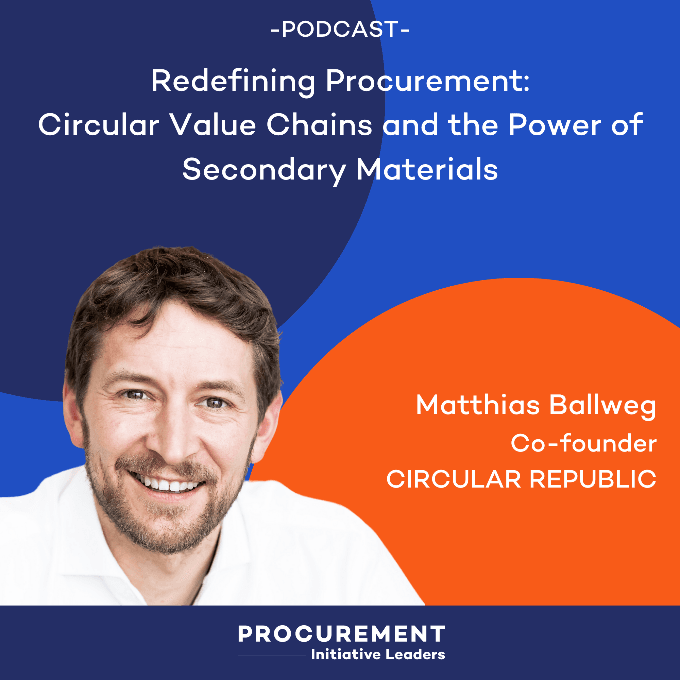 Podcast promotional graphic titled 'Redefining Procurement: Circular Value Chains and the Power of Secondary Materials' featuring portrait of Matthias Ballweg, co-founder of Circular Republic, on a blue and orange background, representing innovation in sustainable procurement, circular economy, and consulting.
