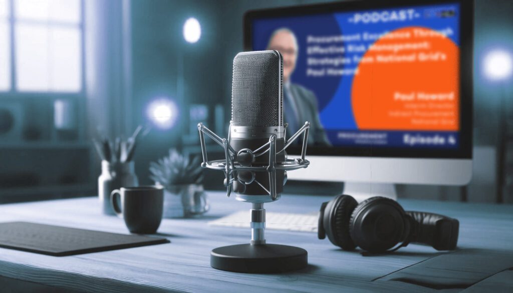 Recording studio setup with condenser microphone on a desk, laptop and headphones, representing a professional environment for podcasts and webinars where consultants share insights.