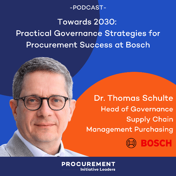 Podcast banner featuring Dr. Thomas Schulte, Head of Governance Supply Chain Management Purchasing at Bosch, promoting the episode 'Towards 2030: Practical Governance Strategies for Procurement Success at Bosch' for Procurement Initiative Leaders.