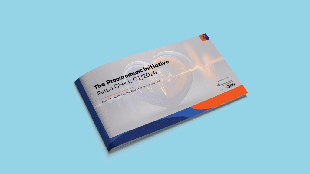 Rendered image of the booklet titled 'The Procurement Initiative Pulse Check Q1/2024', featuring a heartbeat graphic and research insights for consultants into procurement relationships and strategies.