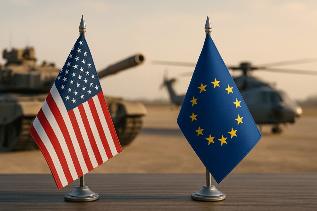 United States and European Union flags displayed on a table against military vehicles, symbolizing defense procurement consulting and international negotiations