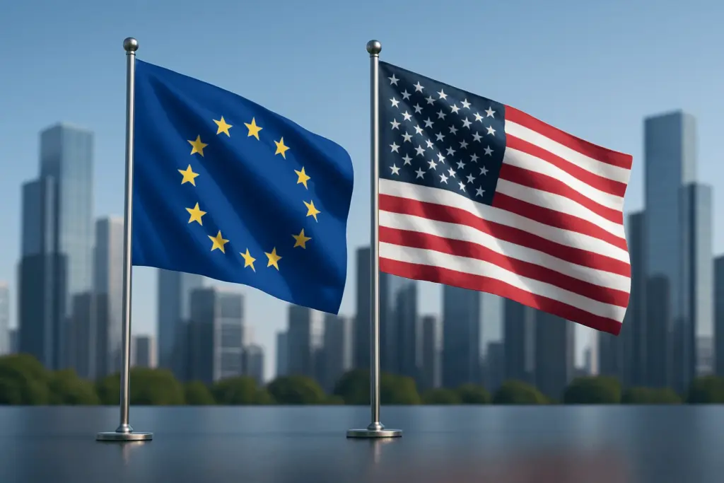 European Union flag and United States flag waving on flagpoles with a modern city skyline in the background.