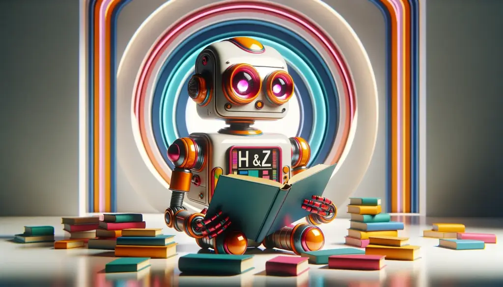 Colorful 3D illustration of a friendly robot with the H&Z logo holding an open book, representing knowledge and technology in consulting