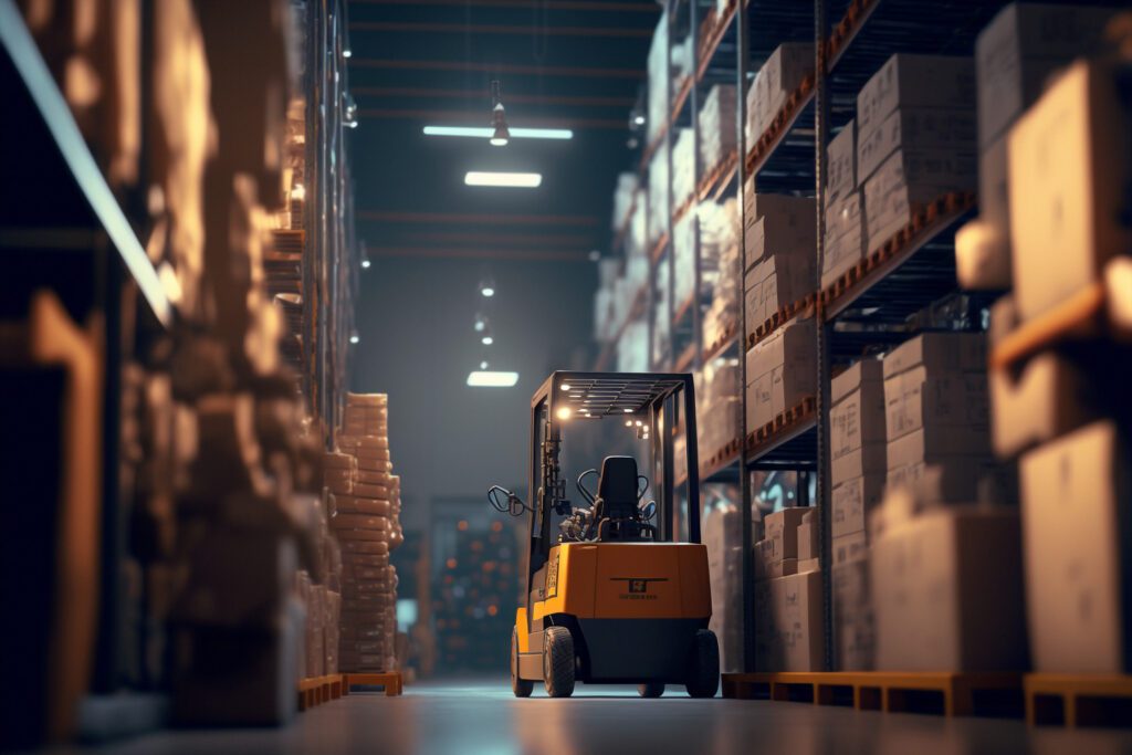 Yellow forklift moving through a modern warehouse with tall shelves, symbolizing efficient logistics and inventory management in supply chain consulting.