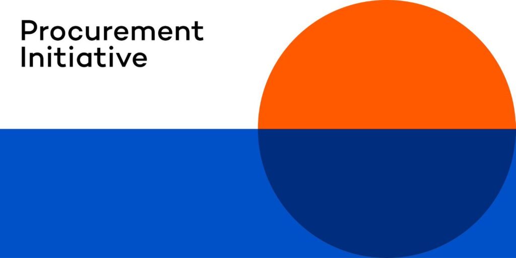 Procurement Initiative graphic featuring bold orange and blue semi-circles and text representing strategic procurement consulting program