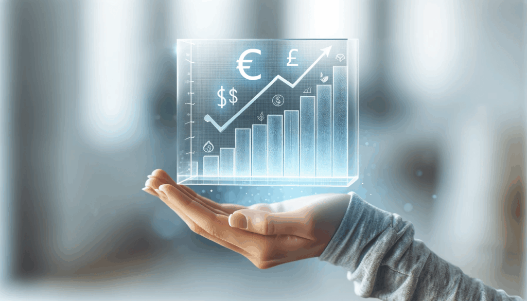 Hand holding a holographic bar chart with currency symbols representing financial growth and global currencies – HZ Group consulting financial strategy