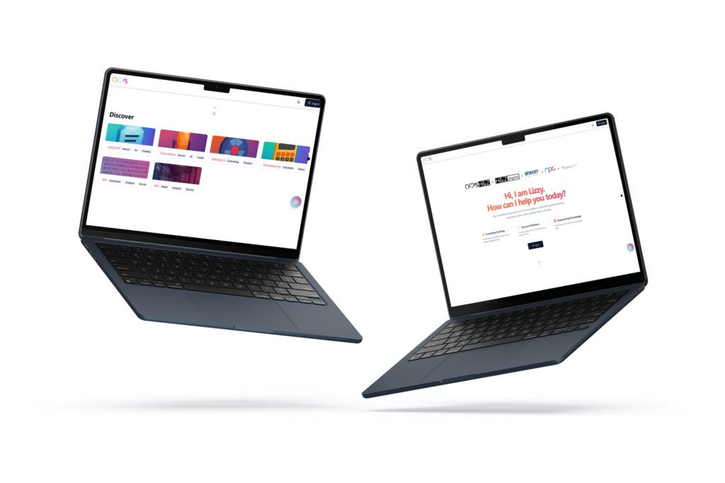 Two laptop mockups displaying the H&Z digital interface, representing innovative digital platforms for consulting services.