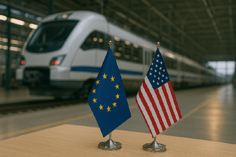 EU and US flags in a rail station with high-speed train – HZ Group consulting on rail tariffs