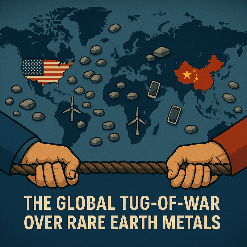 Illustration of two hands pulling a rope in a tug-of-war with the US and China flags over a map, symbolizing the global competition for rare earth metals – HZ Group consulting geopolitics and supply chains