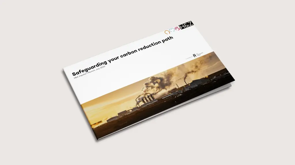 Report cover titled 'Safeguarding your carbon reduction path' featuring an industrial smokestack emitting smoke over a landscape, representing sustainability and carbon reduction consulting.