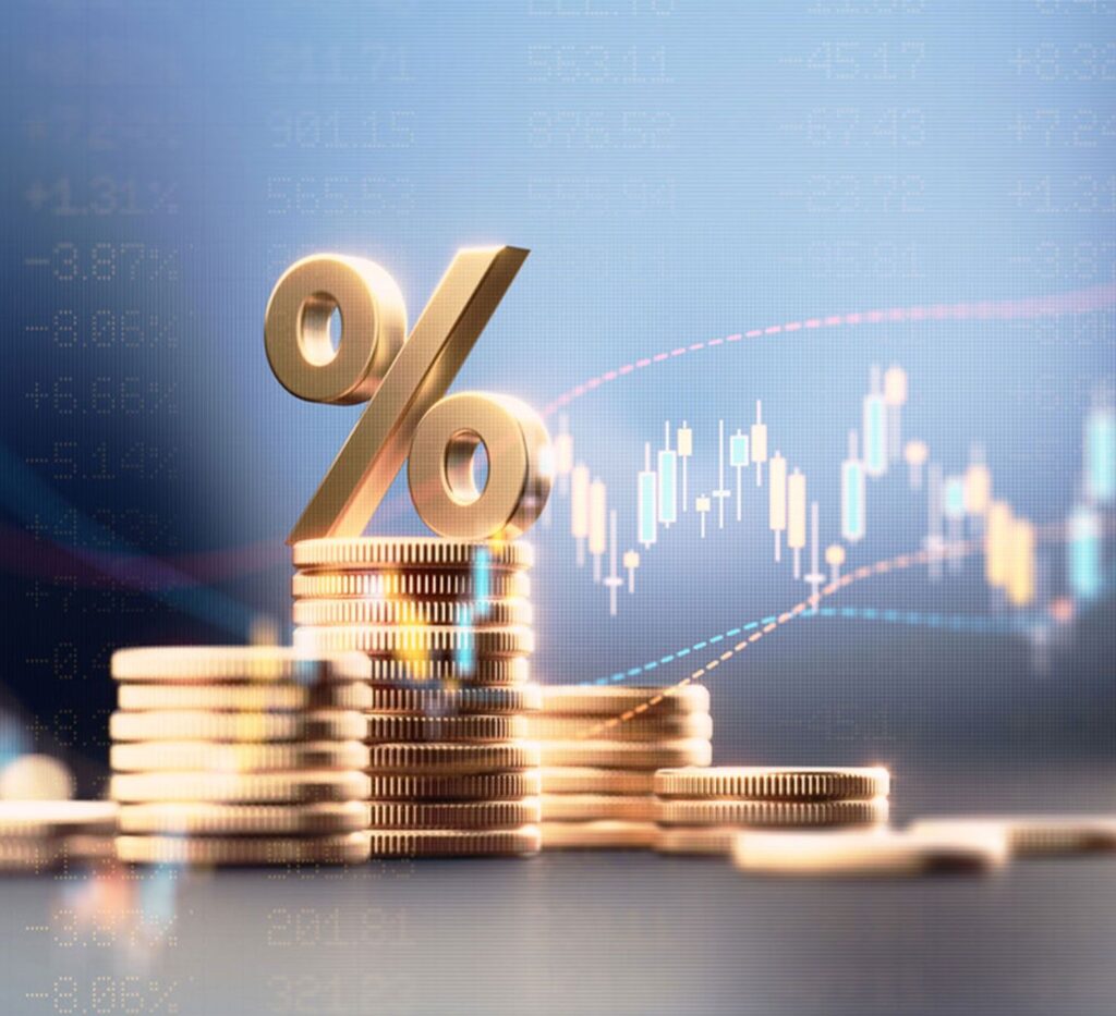 Digital illustration of golden percentage symbol on stacked coins with financial graph overlay, representing financial consulting and investment analysis